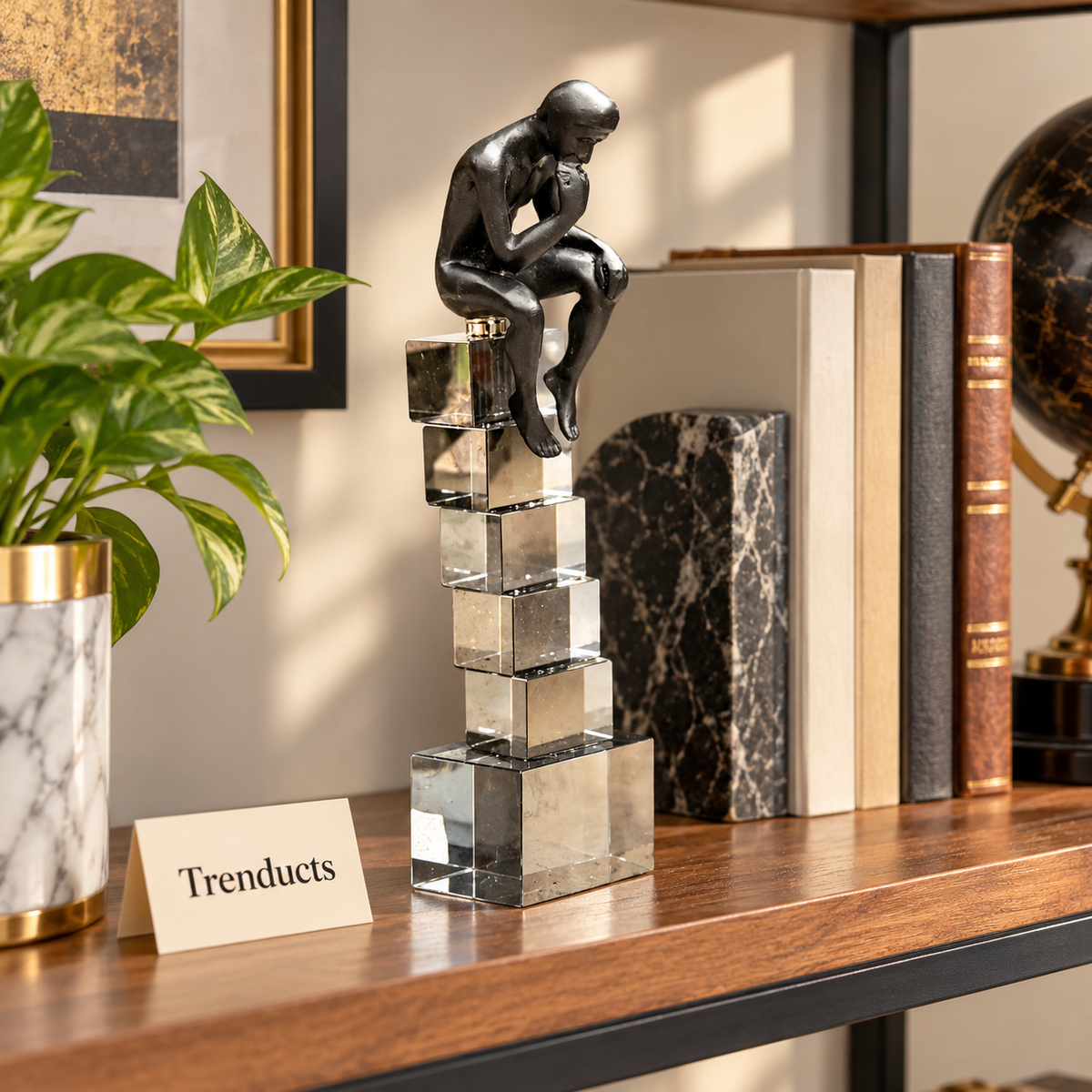 Crystal Thinking Man - Black Statue on Crystal Cubes