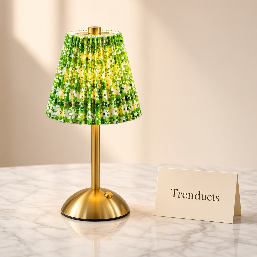 Rechargeable Metal Table Lamp with Pleated Fabric Shade