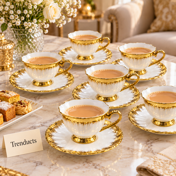 Gold Tea Cup Saucer Set with tea served on an elegant table | Trenducts