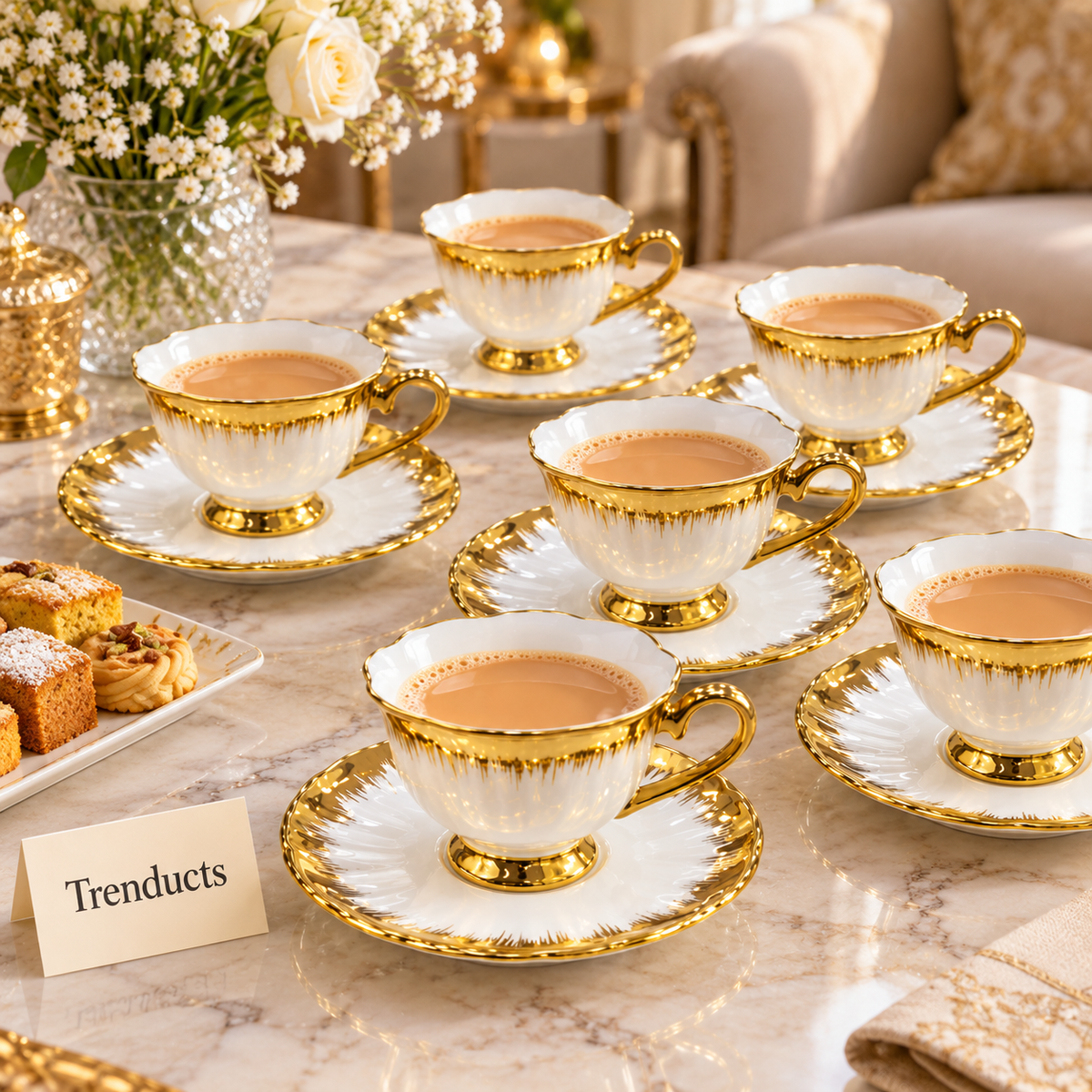 Brilliant Tea Cup and Saucer Set of 6 - Gold Trim
