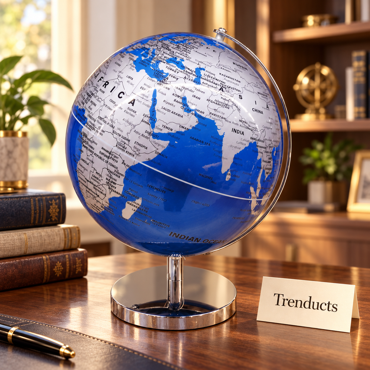 Blue and Silver World Globe with Chrome Stand