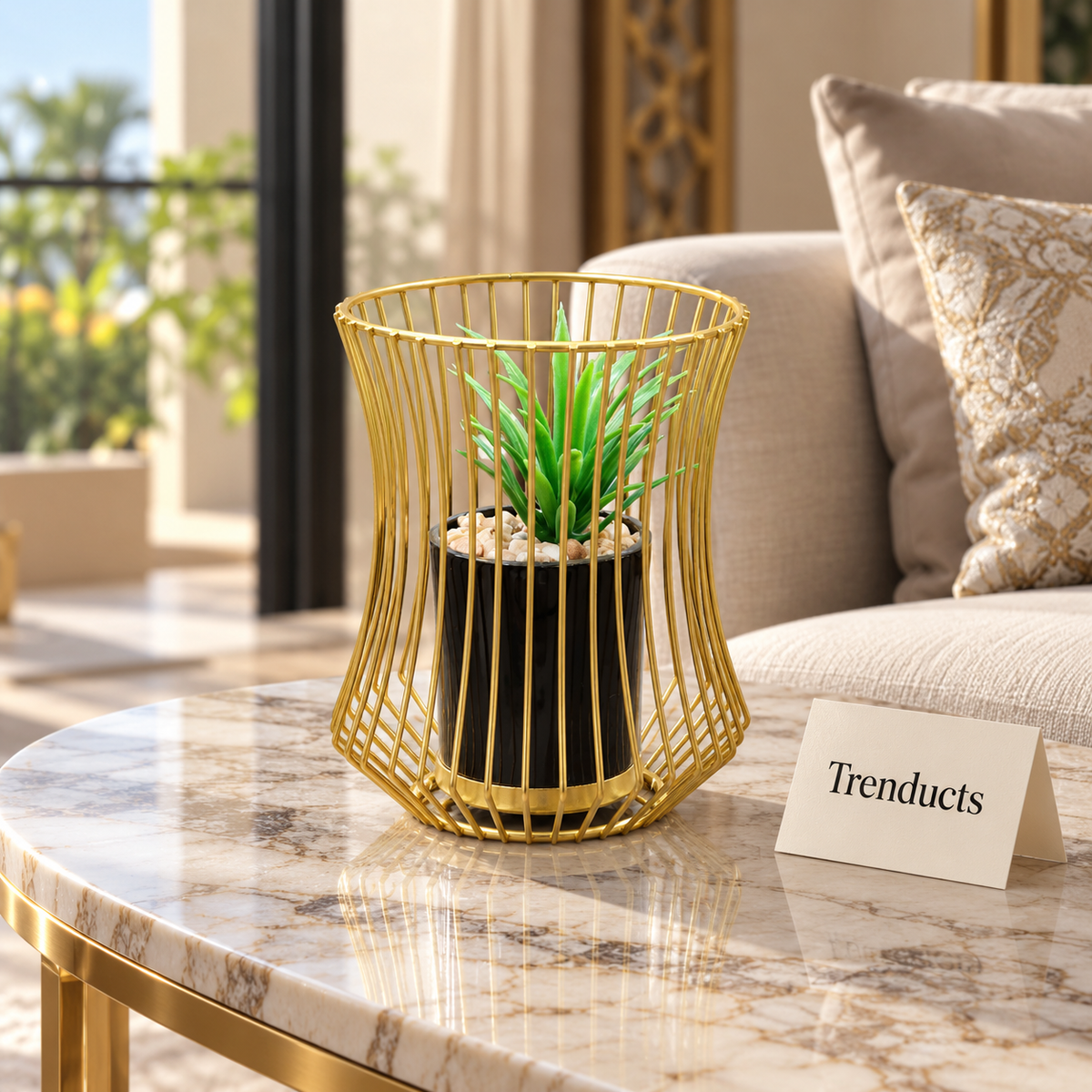 Gold Wire Planter - Cylindrical Cage with Black Pot