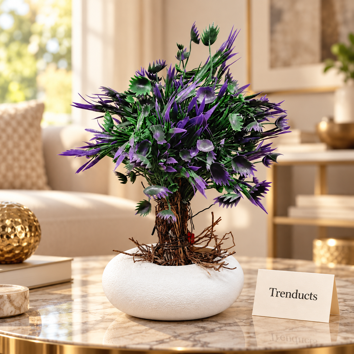 Artificial Purple Leaf Plant with Green Leaves in White Pebble Pot