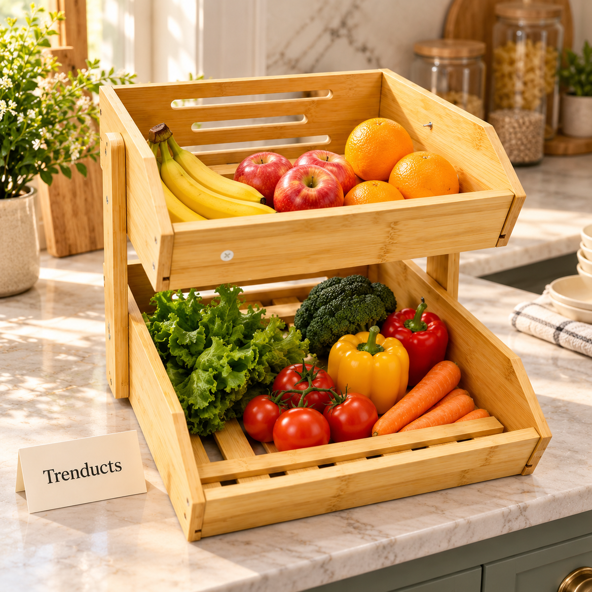 2-Tier Bamboo Fruit & Storage Basket Organizer