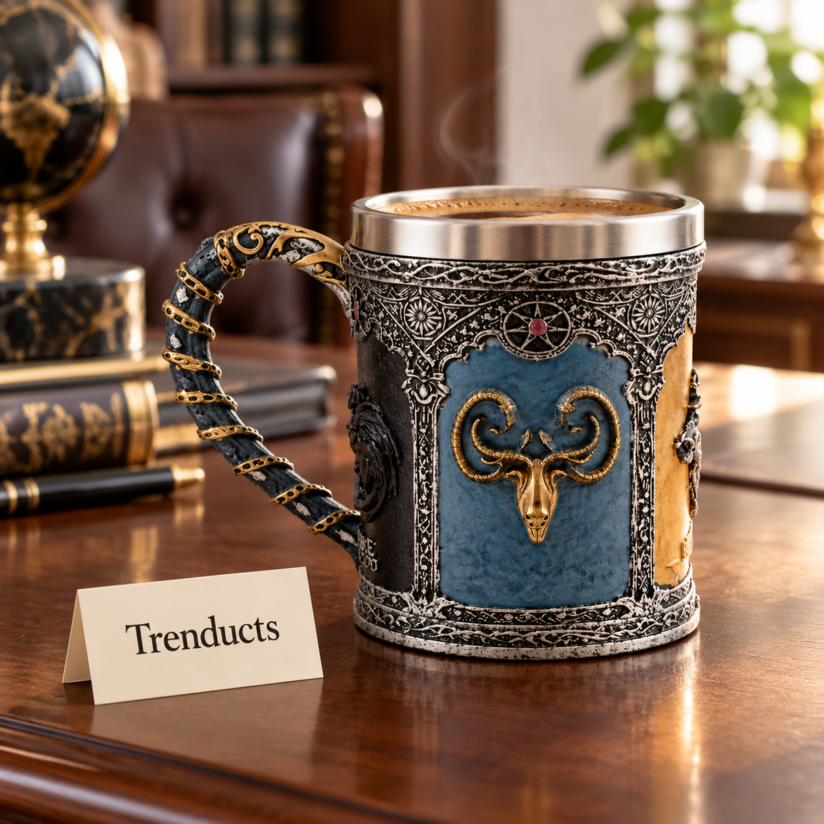 Shield Motif Mug - 3D Medieval Handled Mug in Blue and Gold