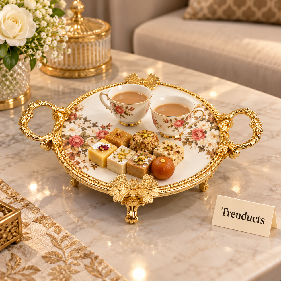 Brilliant Round Flat Tray - Royal Bloom Floral Gold Frame