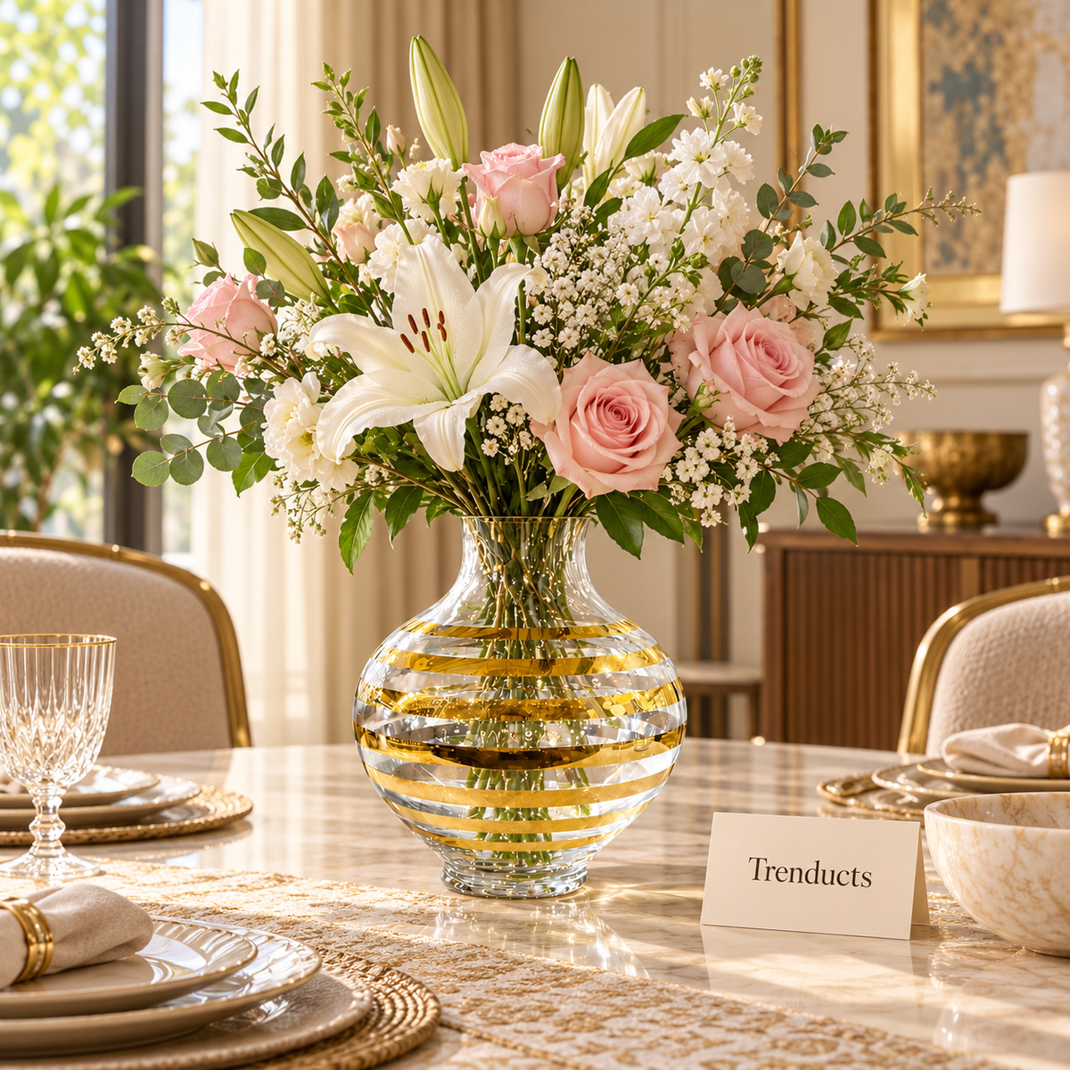 Luxury Gold Stripe Glass Vase - Round Clear Bubble Vase Without Flowers