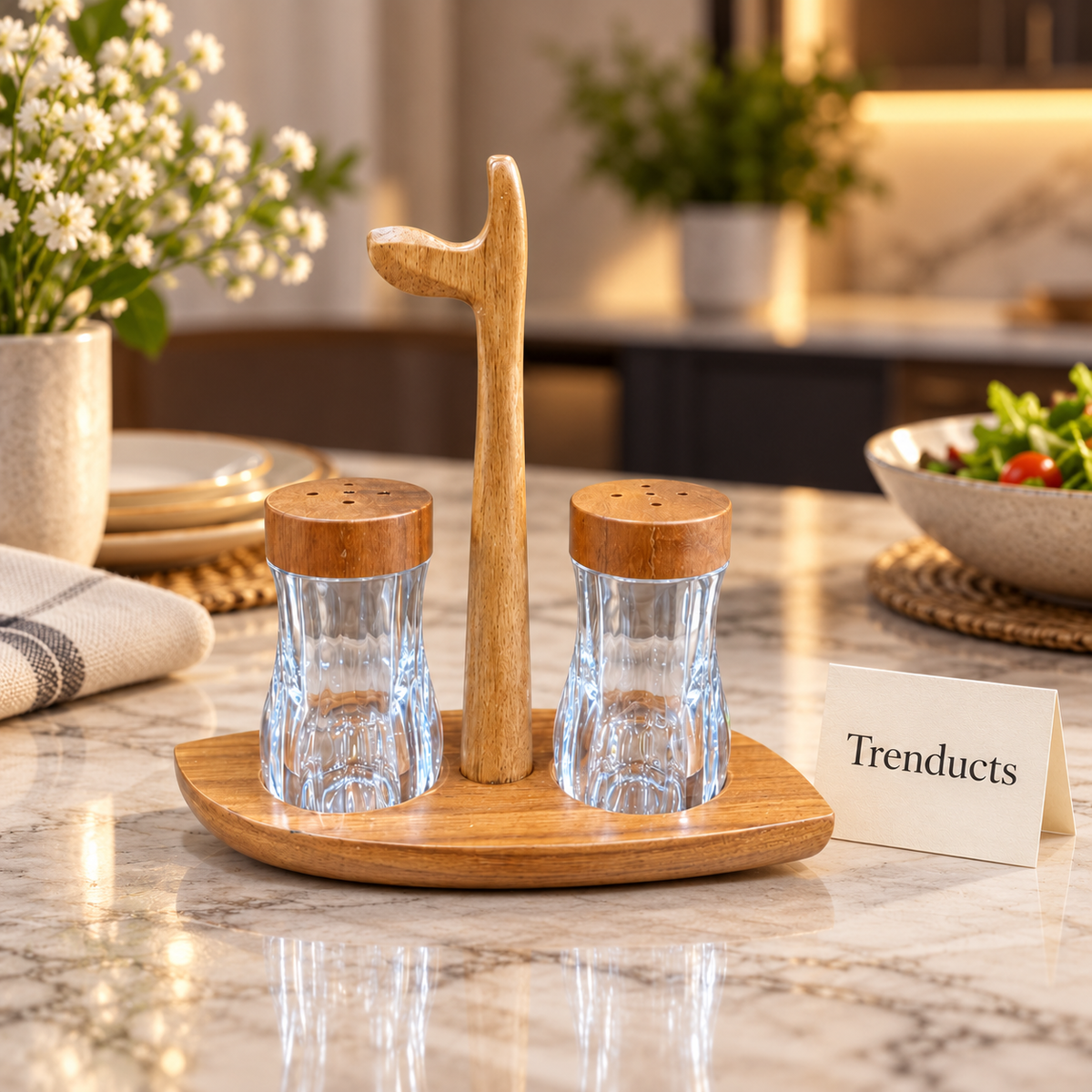 Glass Salt and Pepper Set with Wooden Caddy and Handle