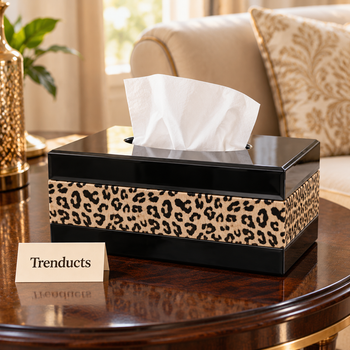 Leopard Print Tissue Box Cover on a living room side table | Trenducts