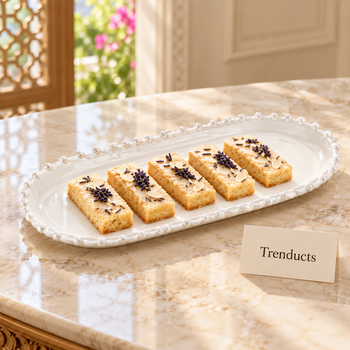 Pearl Serving Platter with cake bars on a tea table | Trenducts