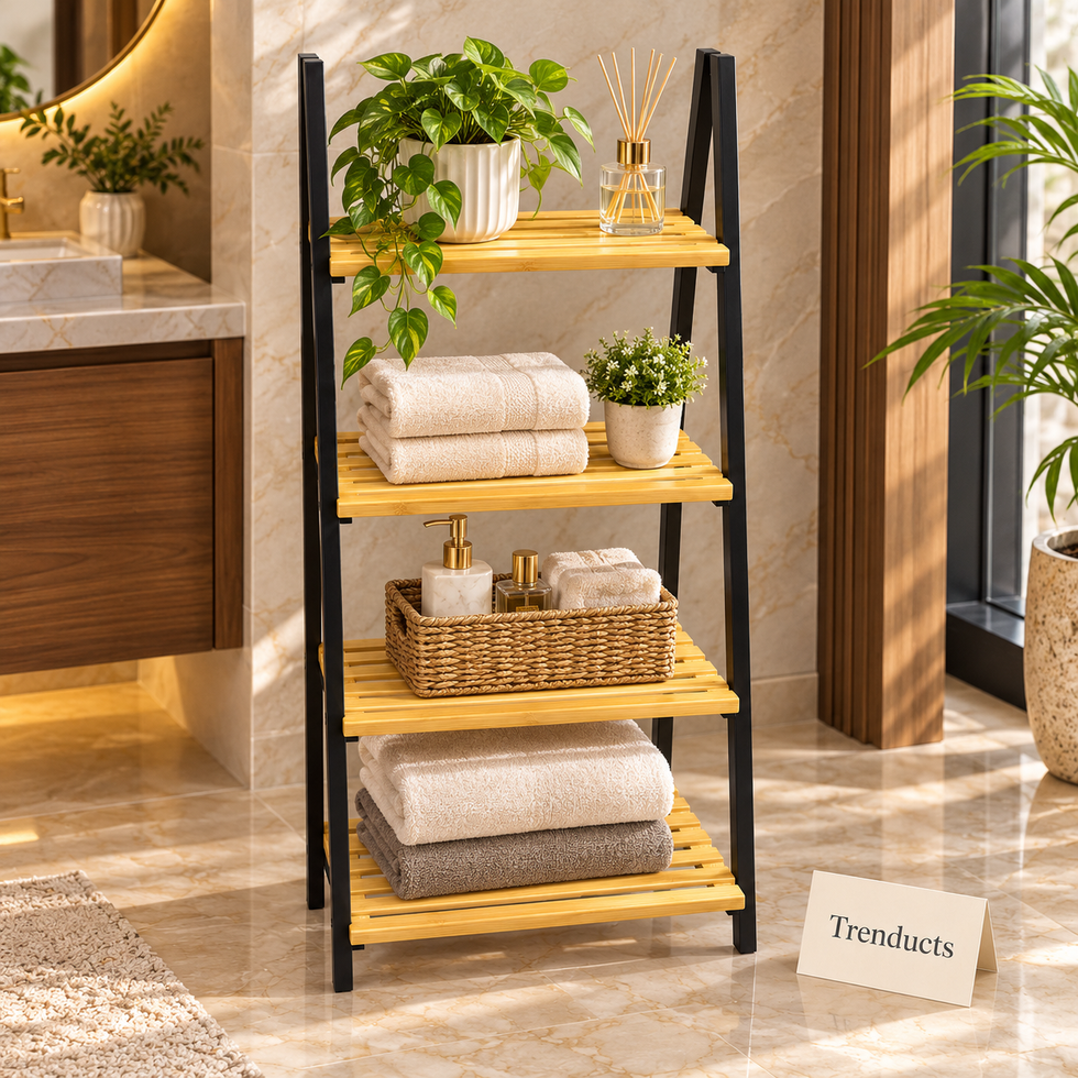 4 Tier Ladder Shelf with Wood-Look Slatted Shelves and Black Frame