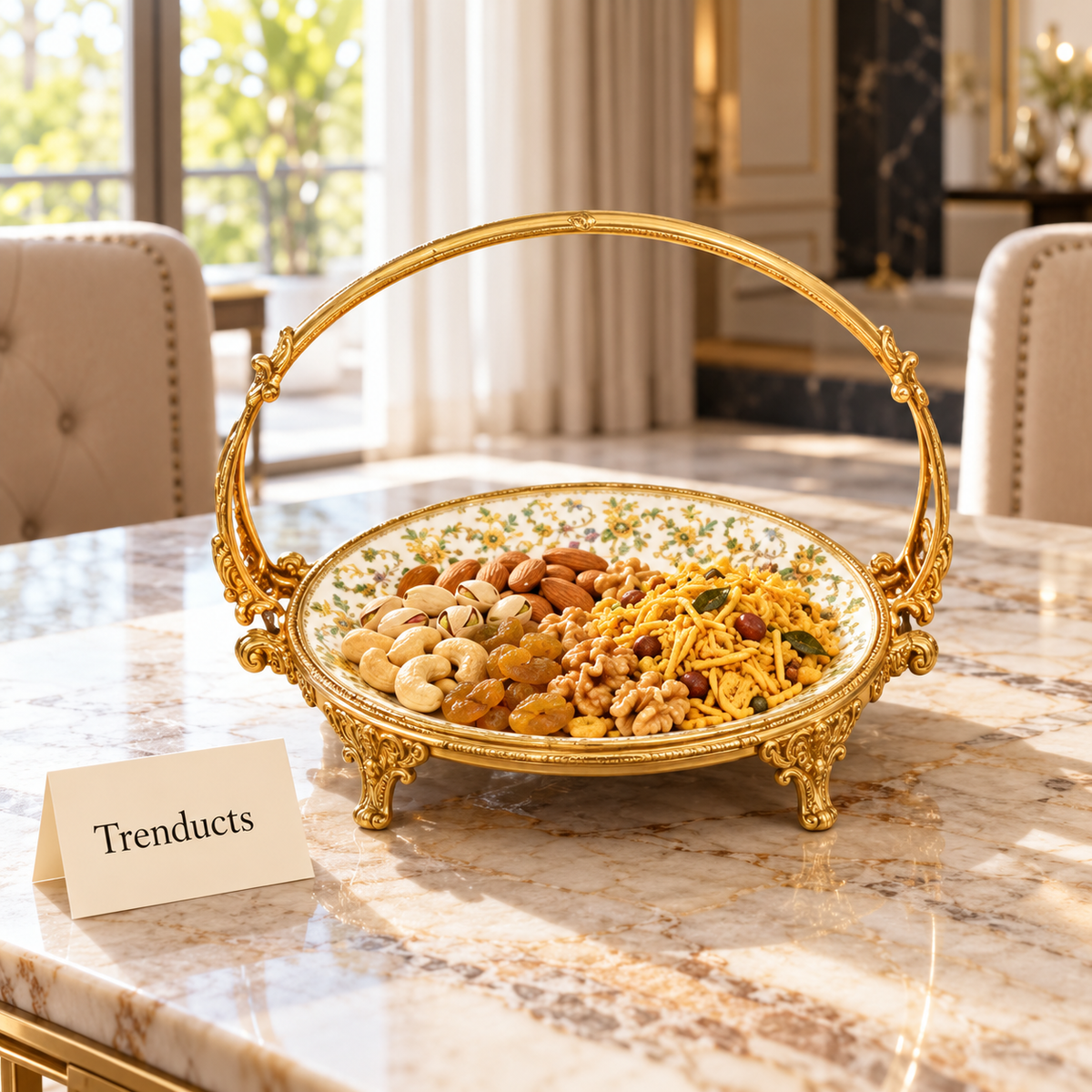 Brilliant Round Basket Tray With Handle - Green Rim