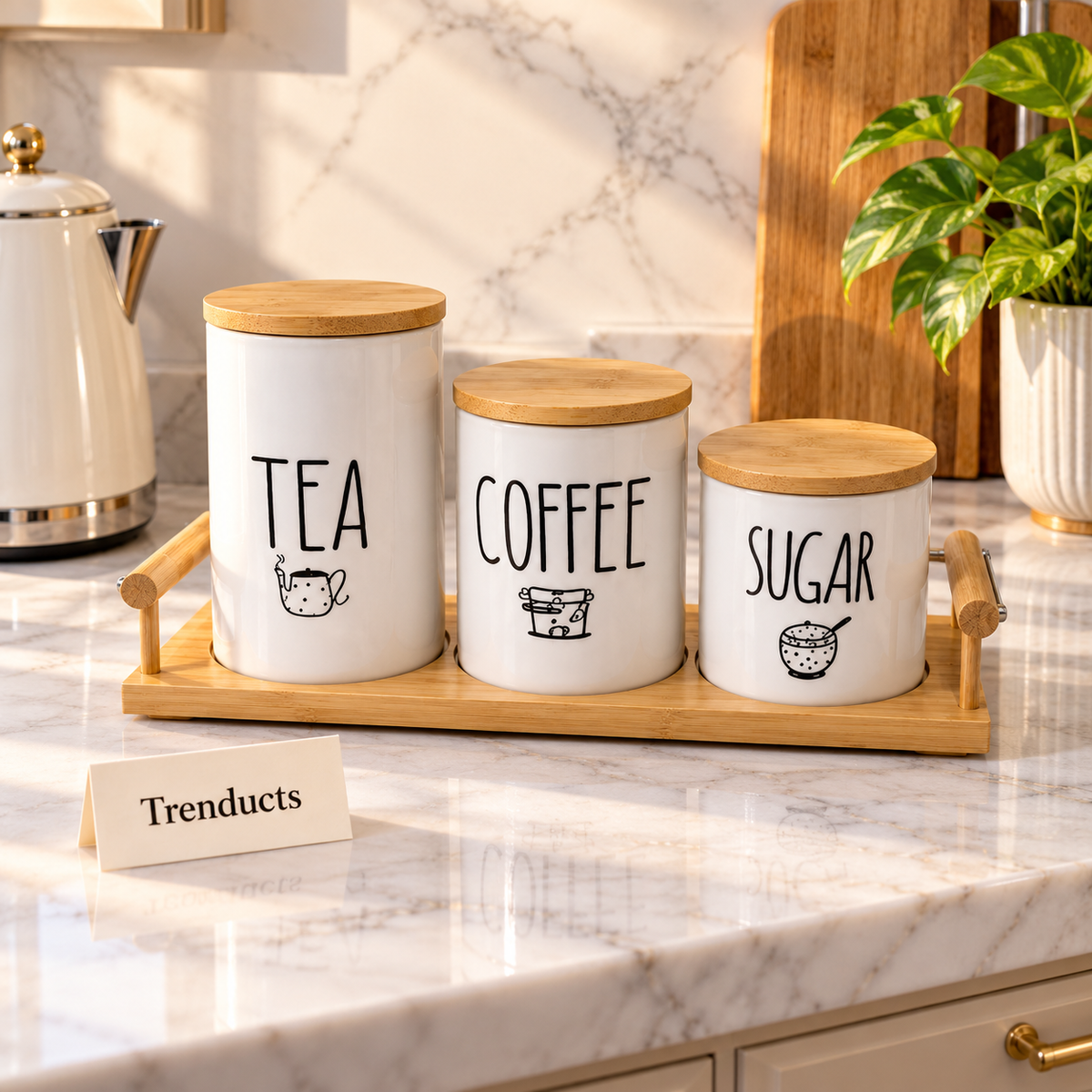 Ceramic Canister Trio - Tea Coffee Sugar Jars set with Bamboo Tray