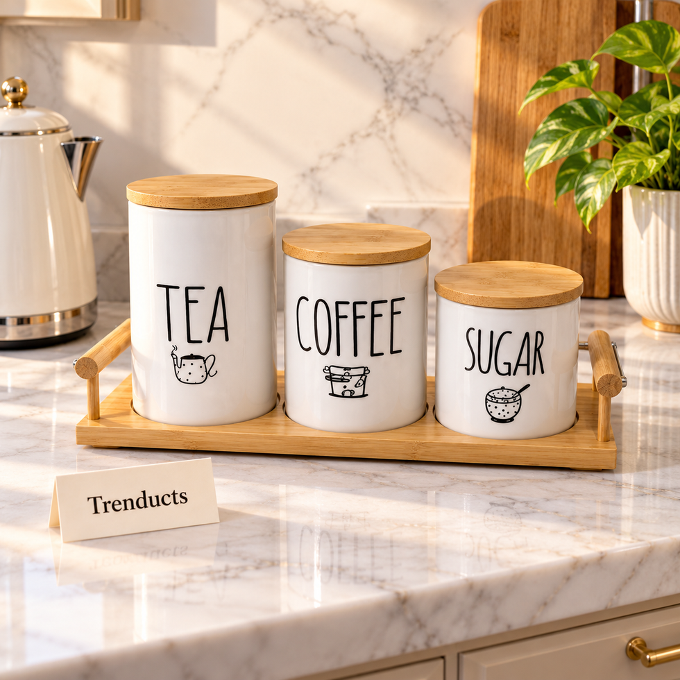 Ceramic Canister Trio - Tea Coffee Sugar Jars set with Bamboo Tray