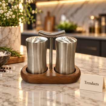 Walnut Wood Salt and Pepper Set in an elegant home setting with Trenducts card - view 2