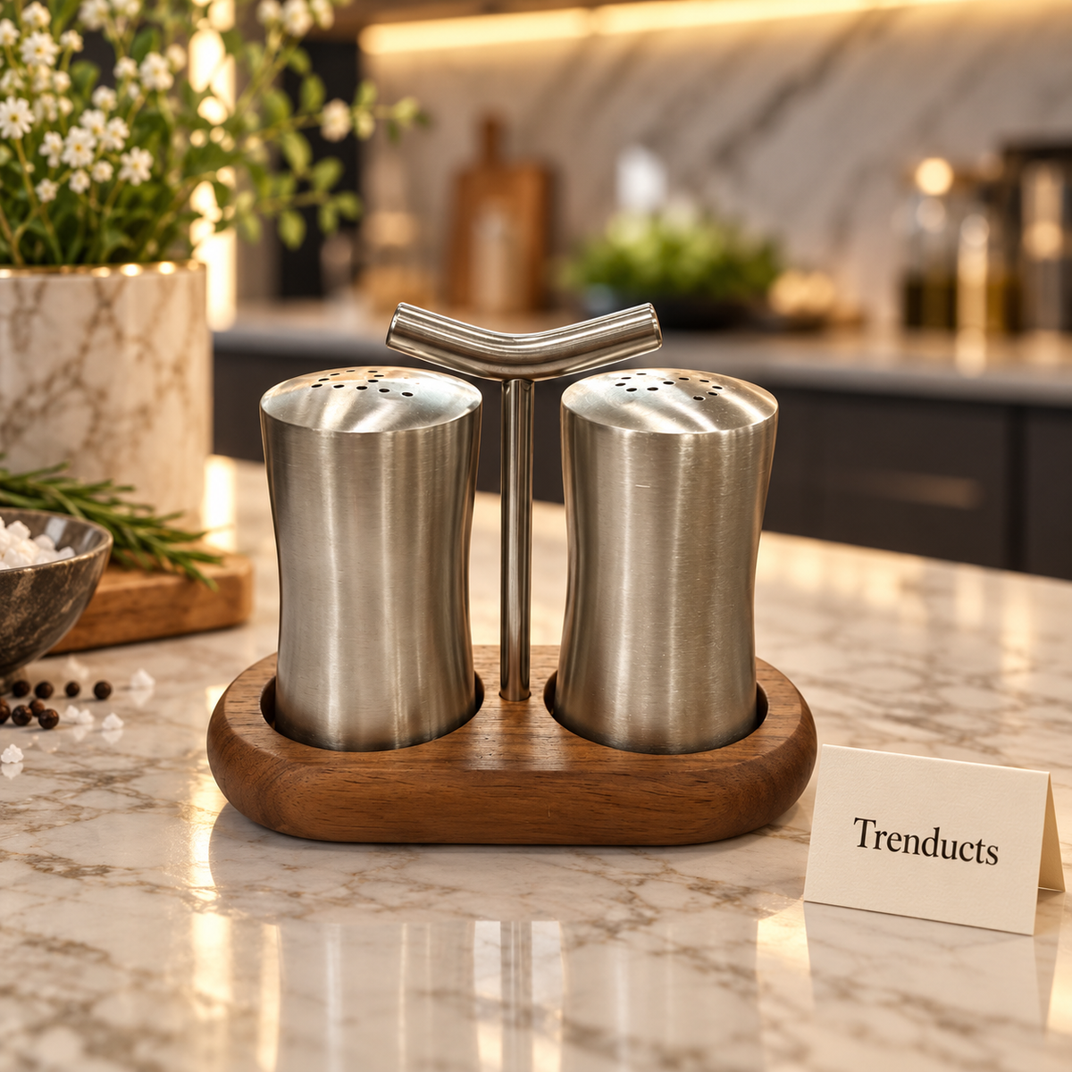 Walnut Wood Salt and Pepper Set with Stainless Steel Shakers and Handle