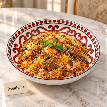 Danny Home Soup Plate 12 inch serving beef biryani on a table | Trenducts