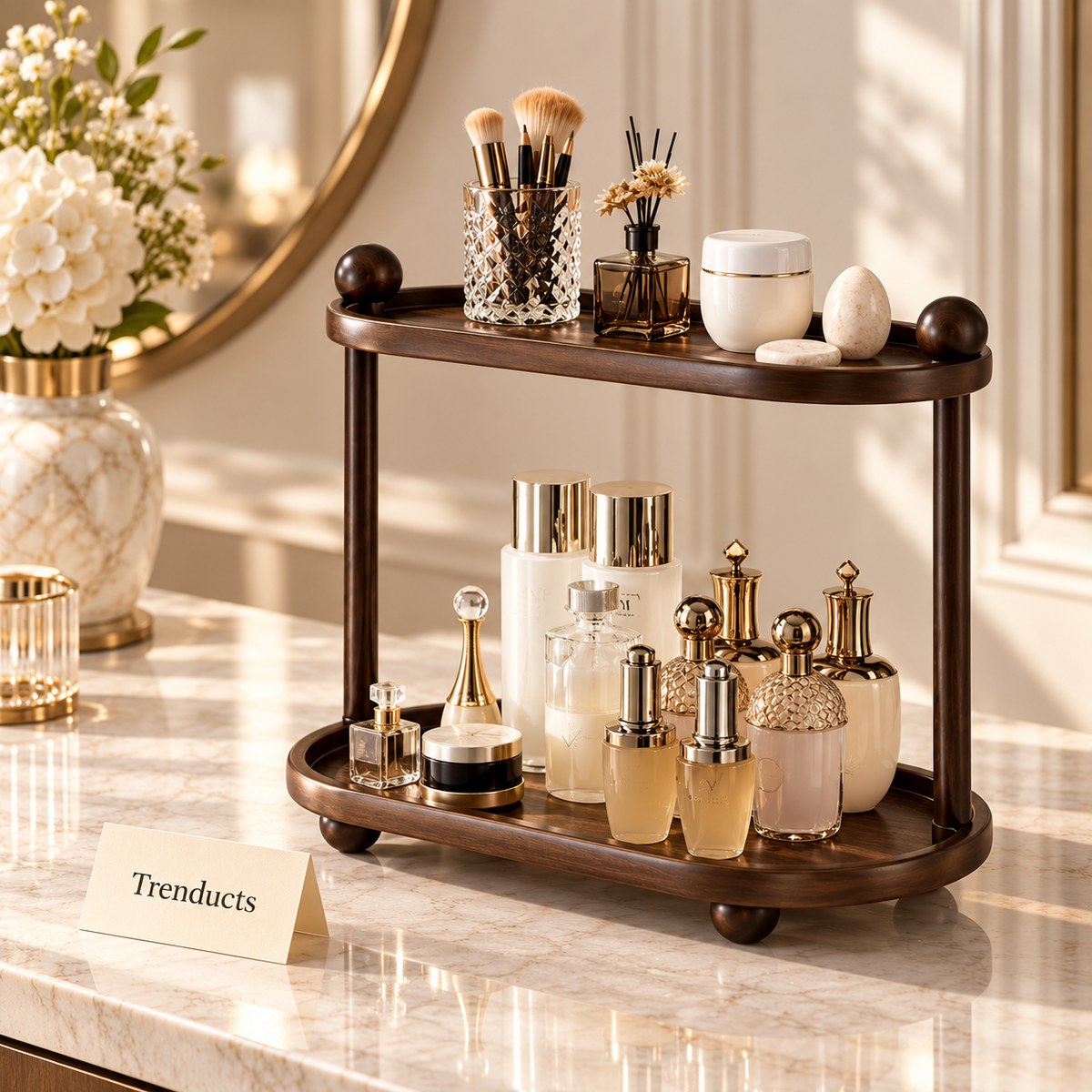2 Tier Cosmetic Organizer Tray Stand with Ball Accents - Brown