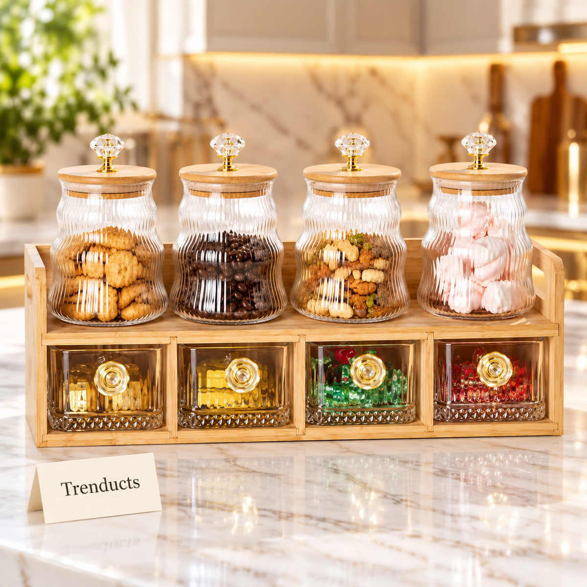 Glass Jars with Wooden Rack - 4 Jar & Drawer Set