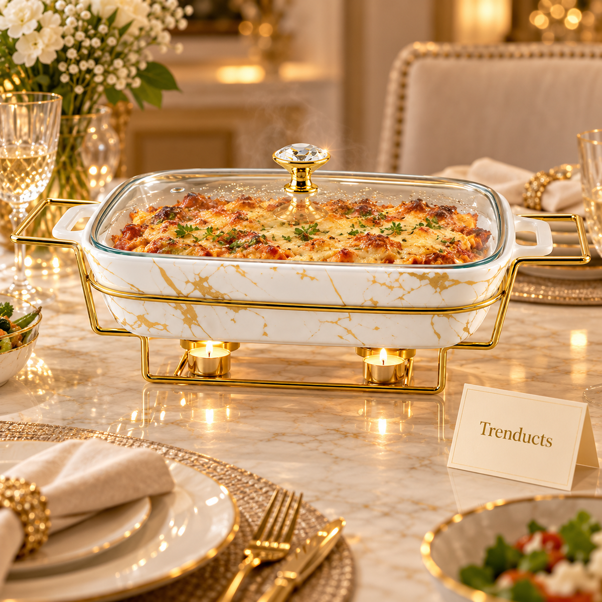 Brilliant Rectangular Marble Casserole with Gold Stand