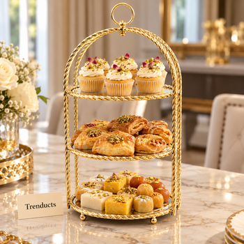 Gold tiered display stand holding cupcakes and sweets on a dawat table | Trenducts