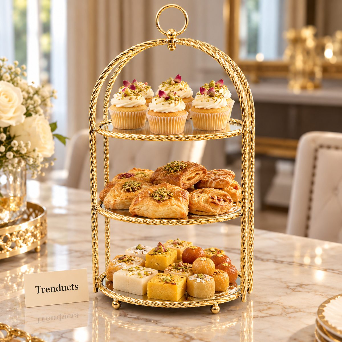 Gold Tiered Display Stand - Mirrored, Twisted Rope Frame
