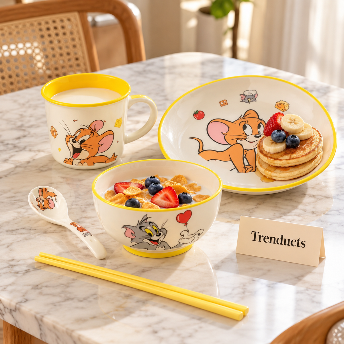 Disney Tom & Jerry Plate Set with Mug - 5 Piece Cartoon Tableware Yellow