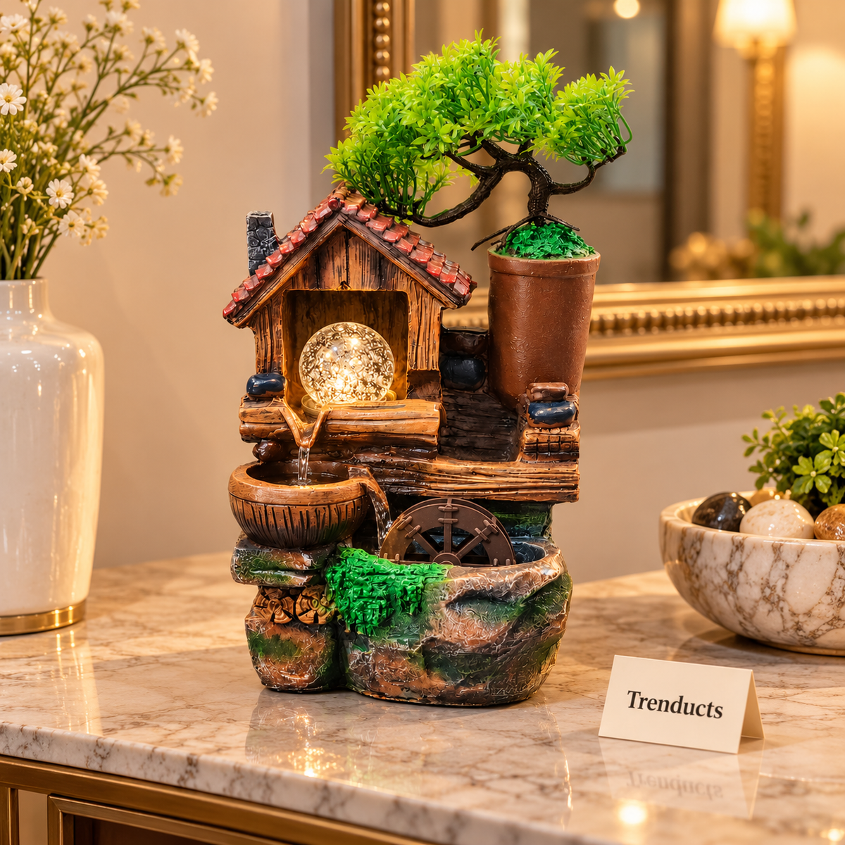 Rock Cascade Fountain - Tabletop Decor with Tree Accent