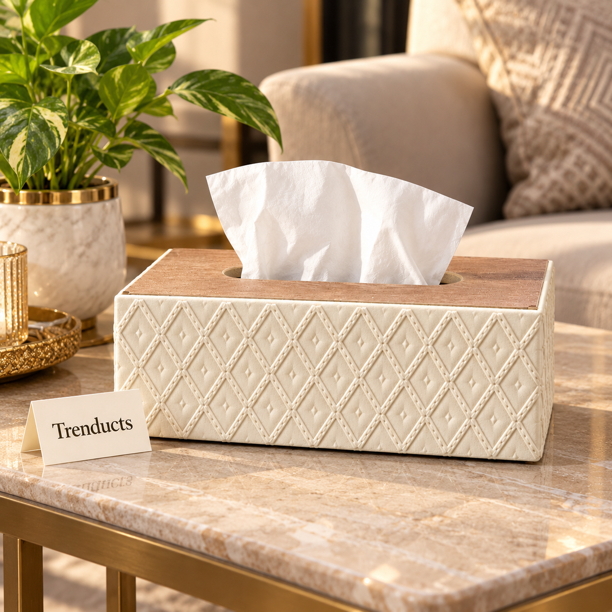 Geometric Tissue Box Cover - Diamond Texture & Wood Top