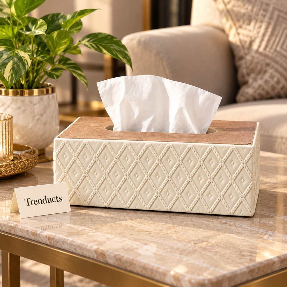 Geometric Tissue Box Cover - Diamond Texture & Wood Top