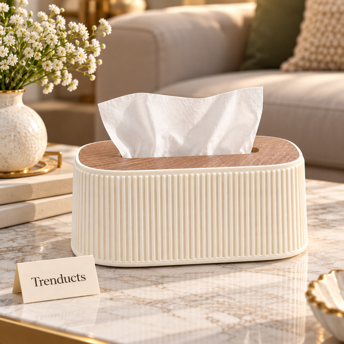 Ribbed Oval Tissue Box Cover - Wood-Look Top