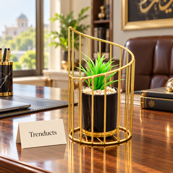 Gold wire cage planter on a home office desk | Trenducts