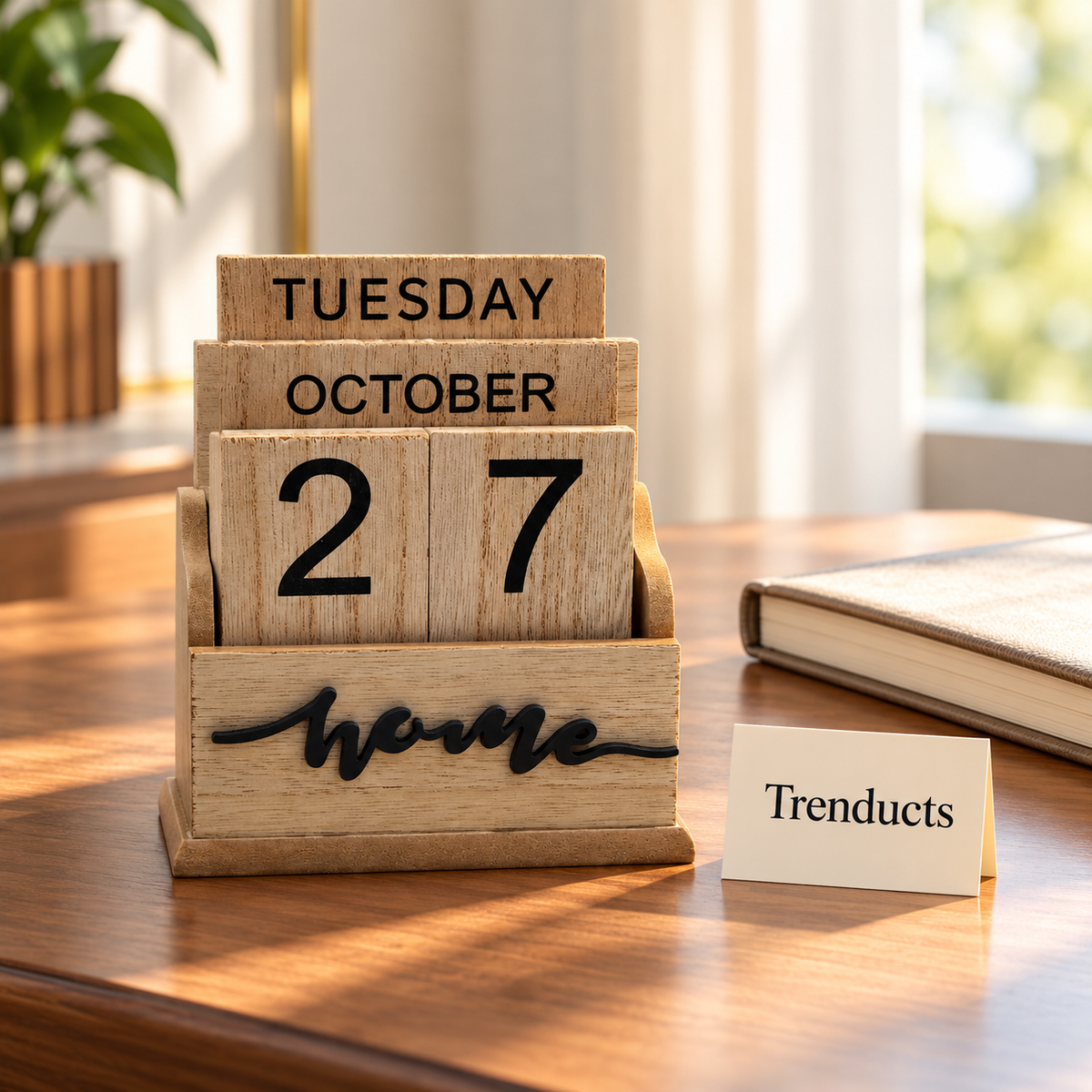 Wooden Block Desk Calendar - Natural Wood, Home Script