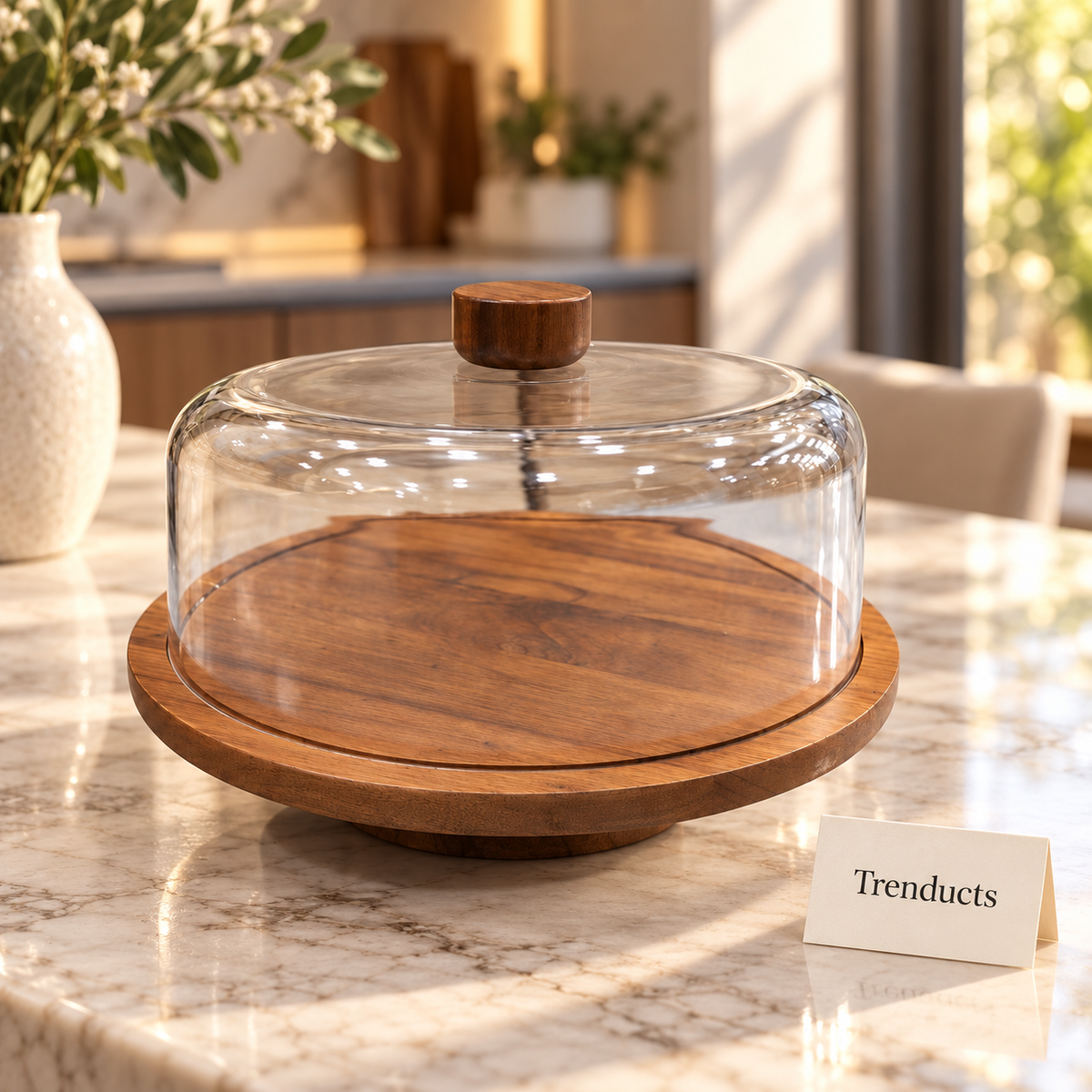 Raised Wooden Cake Stand with Dome - Clear Cover and Wood Knob