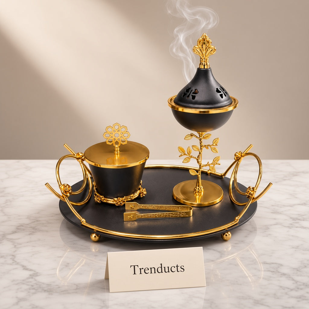 Metal Bakhoor Burner Set with Tray and Storage Jar