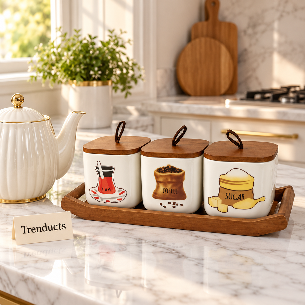 Luxury Ceramic Coffee Tea Sugar Canister Set - Square Jars & Tray