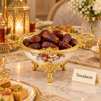 Date Bowl with Gold Stand filled with dates on an iftar table | Trenducts