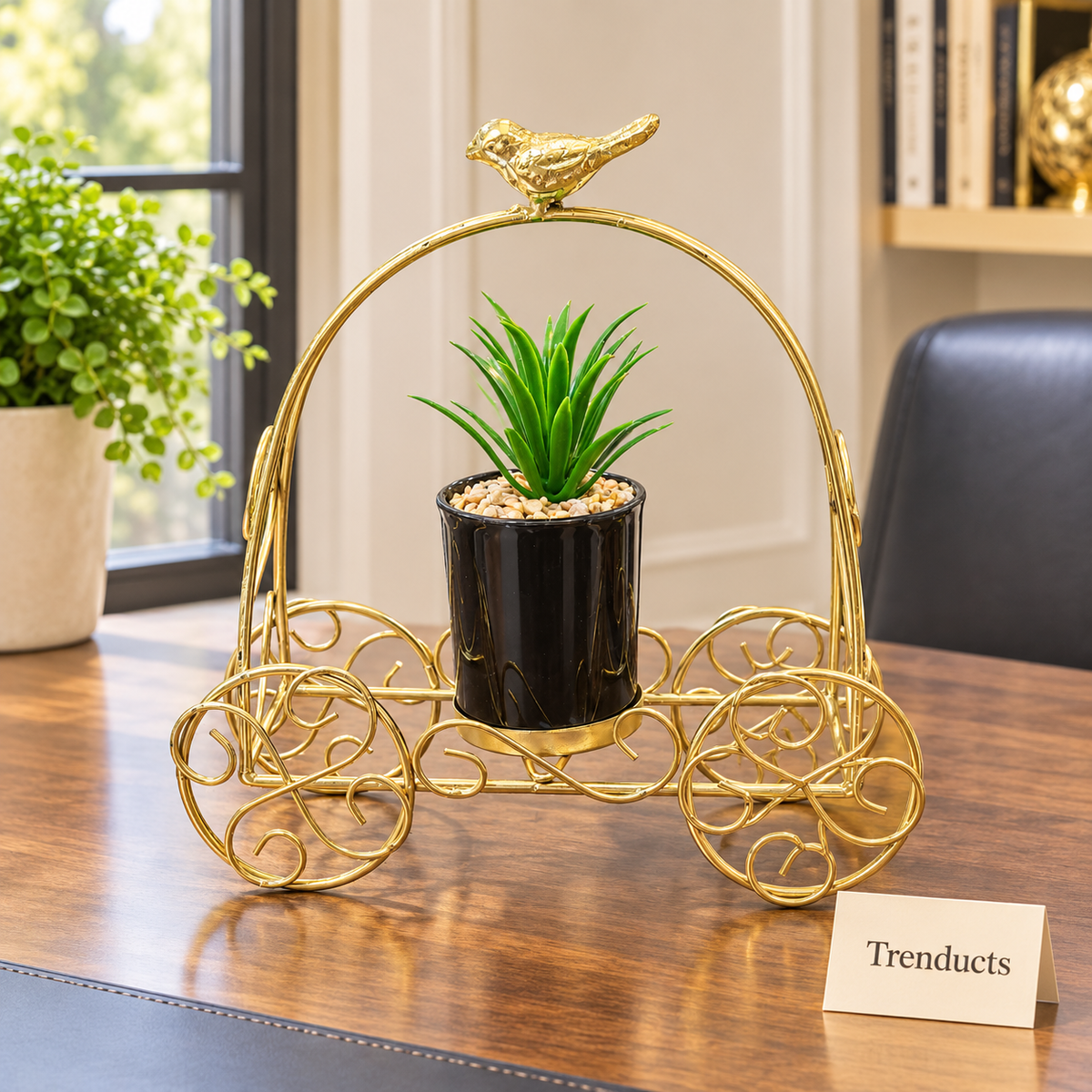 Gold Planter Stand - Wheel Cart Design with Black Pot