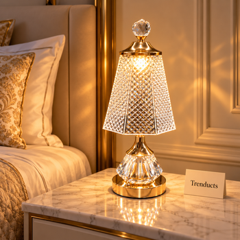 Crystal lamp glowing on a table in a luxury bedroom | Trenducts