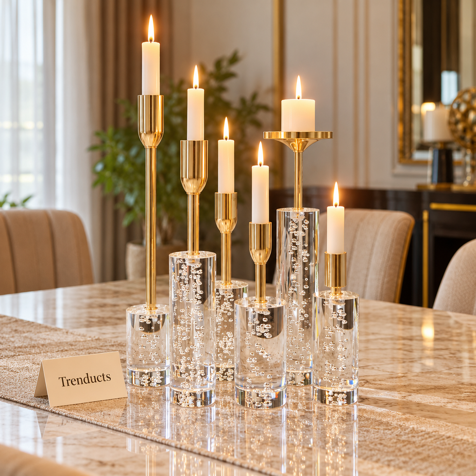 Crystal Candle Stand Set - 6 Pcs Gold Metal Stems