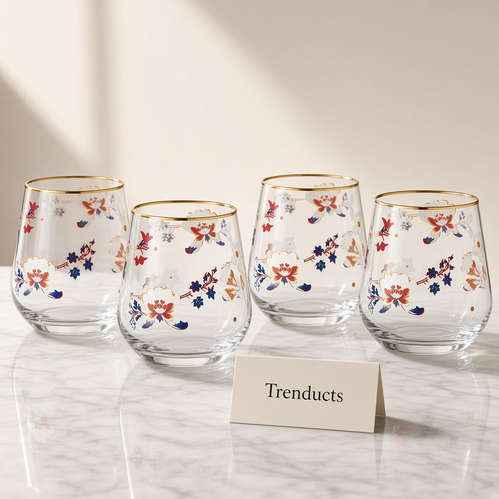 Danny Home Floral Gold Rim Stemless Glass Set of 4 - 420ml
