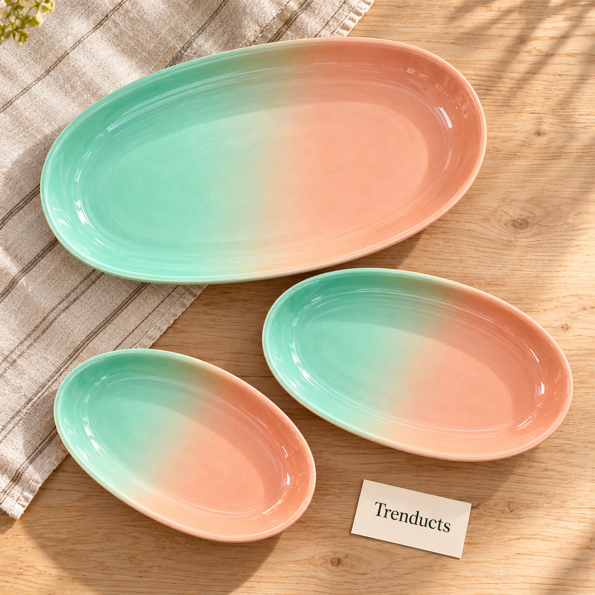 Danny Home Oval Ceramic Dish Set 3 Pcs - Mint & Peach