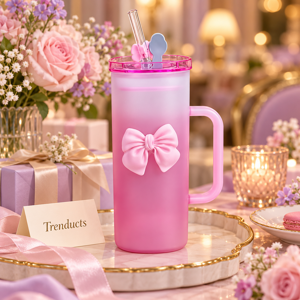 320ml Two-Tone Pink Bow Glass Sipper with Straw