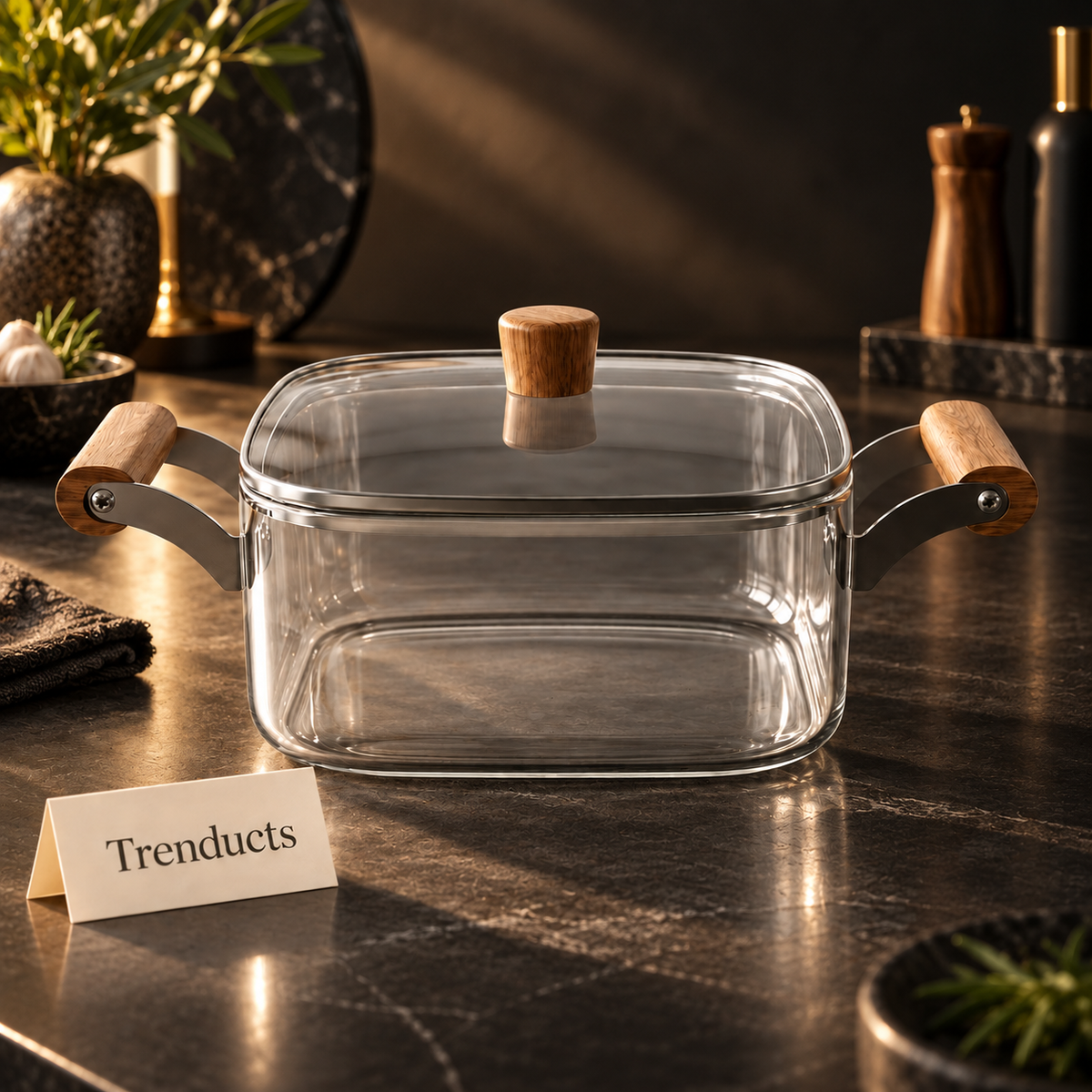 Square Glass Cooking Pot 3.5L with Wooden Handles
