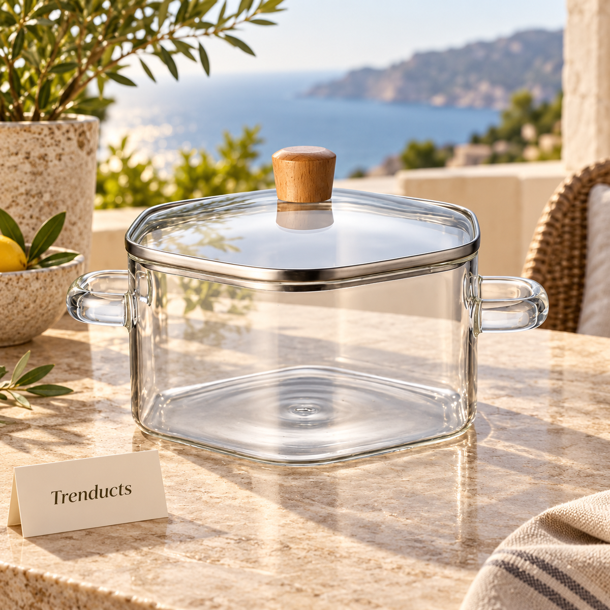 Square Glass Cooking Pot 2300ml with Wooden Knob