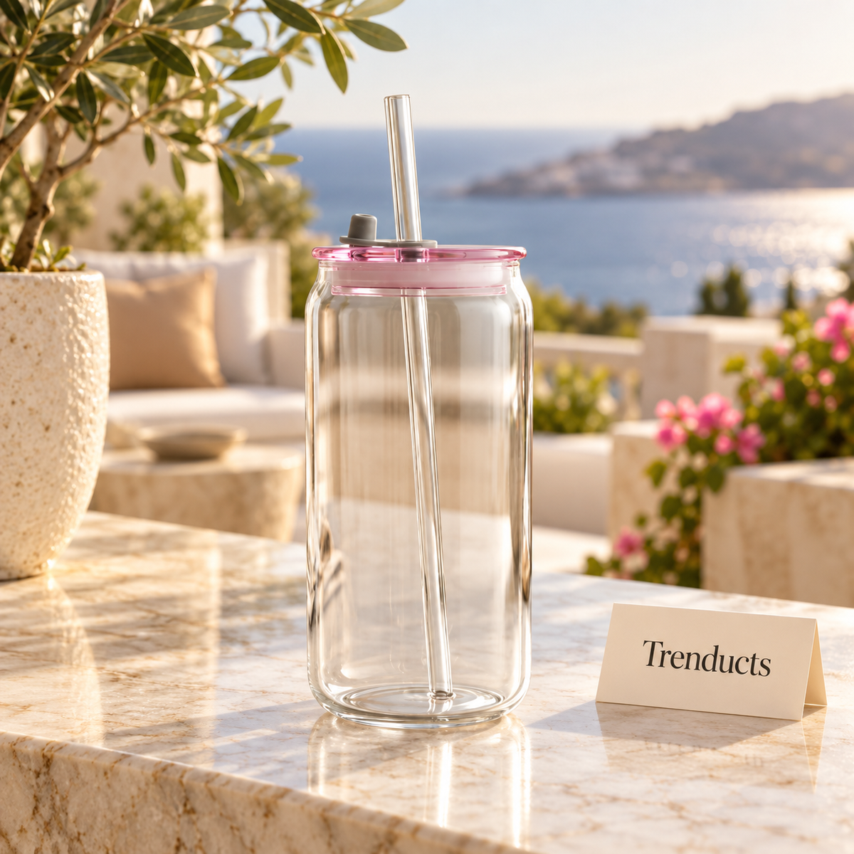 Echou Pink Lid Glass Sipper Tumbler with Straw