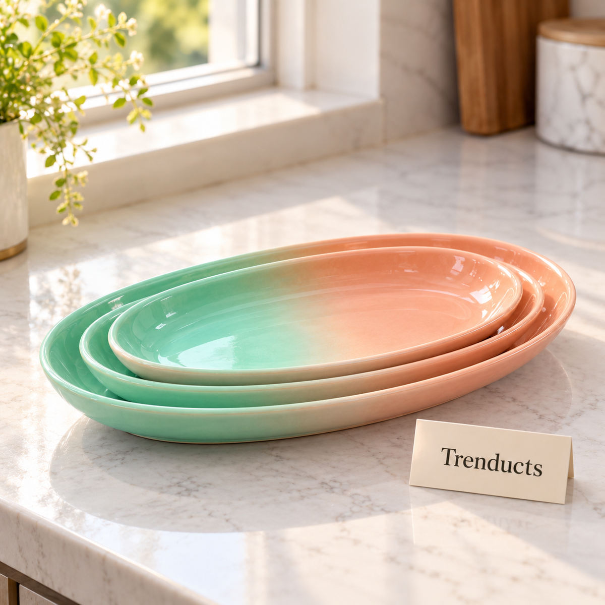 Danny Home Oval Ceramic Dish Set 3 Pcs - Mint & Peach