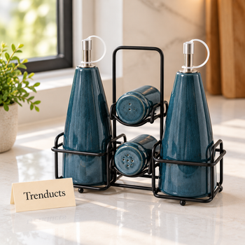 Teal Blue Ceramic Castor Set side view on kitchen counter - Trenducts