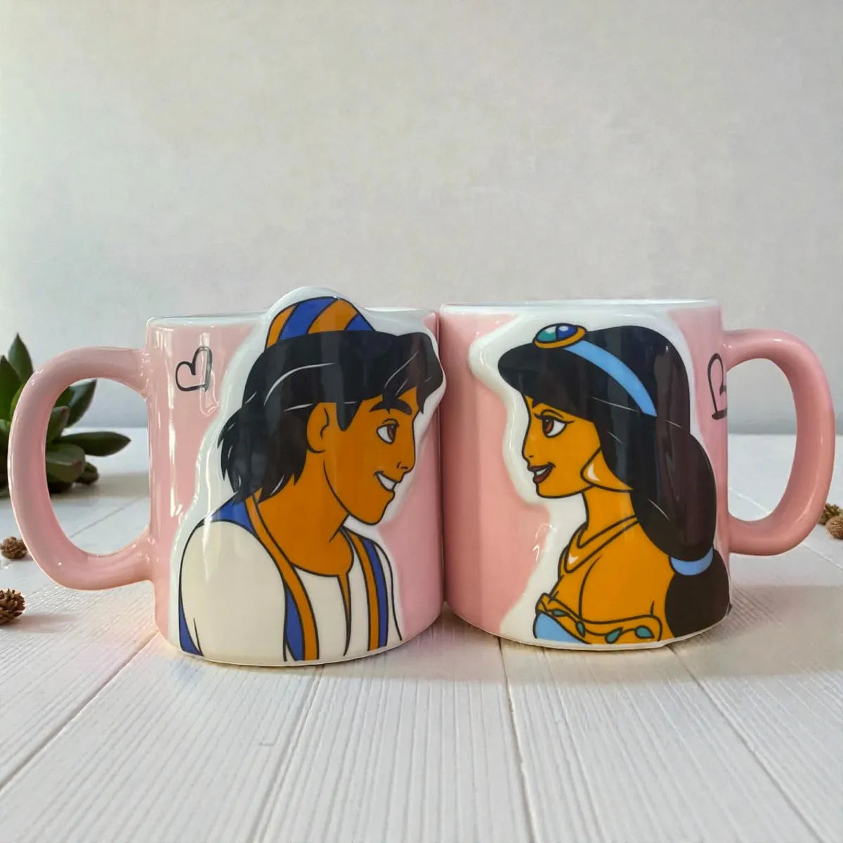 Disney Aladdin & Jasmine Couple Mug Set – 2-Piece 3D Embossed Ceramic Mugs for Couples (350ml)