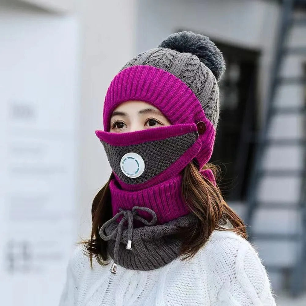 Fleece-Lined Knitted Beanie & Integrated Scarf Set
